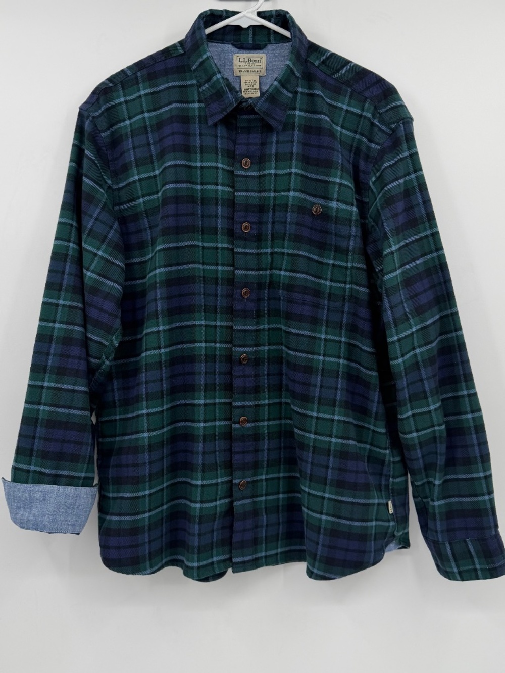 LL Bean Flannel Shirt Men Medium Blue Green Traditional BeanFlex Long Sleeve